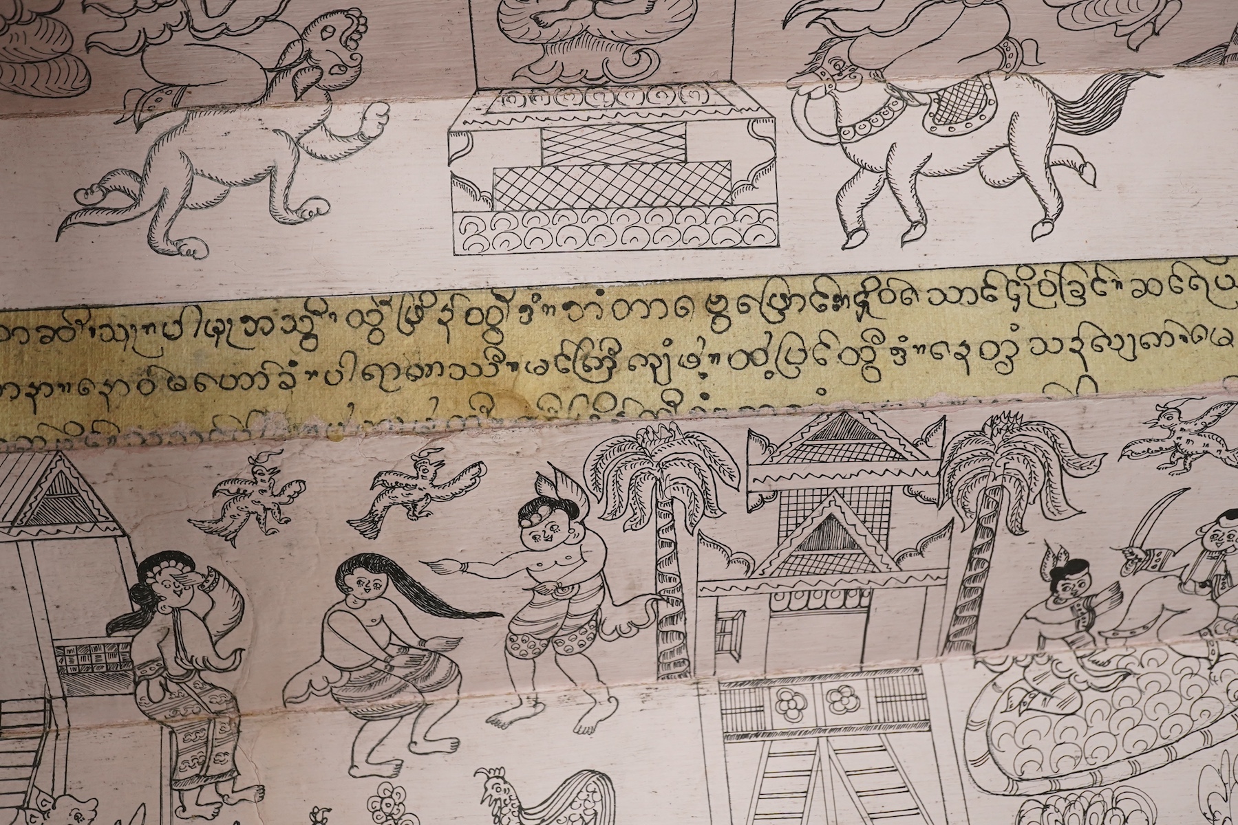A Burmese Buddhist folding sutra with painted decoration, 40cm wide. Condition - fair